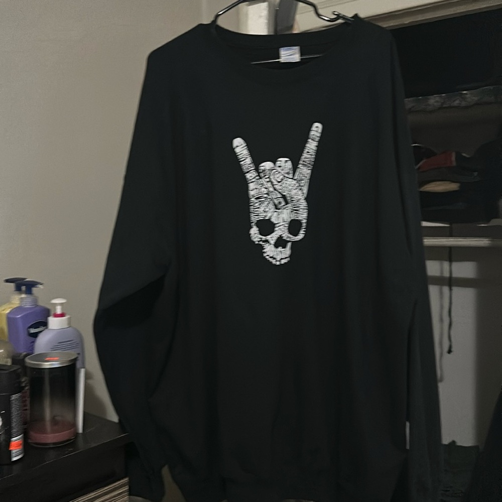 LA Pop Art Black Crewneck Sweater with White Skull Hand Graphic